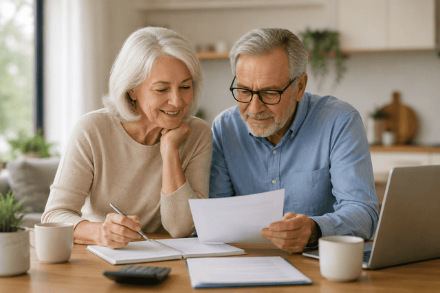 A licensed advisor reviewing a retirement plan with a senior couple at home